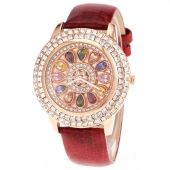 S & F Tianshou 0722G Womens Colorful Stones Rhinestone Circle Design Round Dial Analog Qaurtz Wrist Watch with Genuine Leather Band - Red  