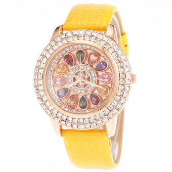 S & F Tianshou 0722G Womens Colorful Stones Rhinestone Circle Design Round Dial Analog Qaurtz Wrist Watch with Genuine Leather Band - Yellow  