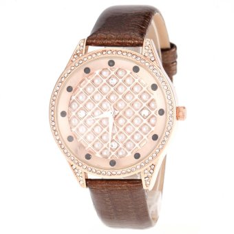 S & F Tianshou 0723G Womens Full Pearls Rhinestone Inlaid Round Dial Analog Qaurtz Wrist Watch with Genuine Leather Band - Brown  