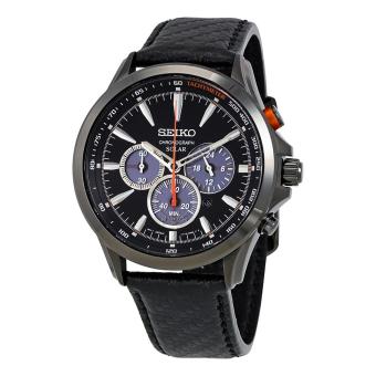 Seiko Watch Solar Chronograph Black Stainless-Steel Case Leather Strap Mens Japan NWT + Warranty SSC499P1  