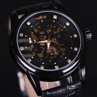 Skeleton Watch Hollow Automatic Mechanical Leather Strap Men Casual Business Sport Fashion Top Brand Wristwatch (Black Band&Black) - intl  