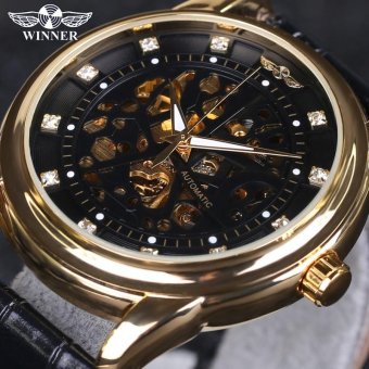 Skeleton Watch Hollow Automatic Mechanical Leather Strap Men Casual Business Sport Fashion Top Brand Wristwatch (Black Band&Gold) - intl  
