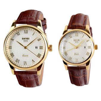 SKMEI Brand 9058 His-and-hers Watches Fashion Casual Watches Leather Strap 30M Waterproof Lovers Quartz Wristwatches - Brown+Gold+White  