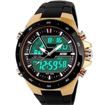 SKMEI Men Dual Time Digital Sport LED Ring AD1016 Watch Water Resistant WR 50m Jam Tangan Pria Strap Mika PU Fashion Casual Military Wristwatch K054 - Hitam Gold  