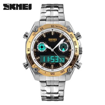 SKMEI merek Watch 1204 pria olahraga penuh Stainless Steel tahan air kuarsa tampilan Dual Digital jam tangan  