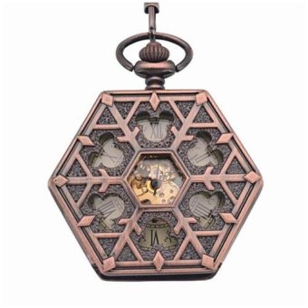 SOBUY Antique red bronze Hexagonal automatic pendant fob watchretro pocket watch keychain vintage mechanical pocket watch withChain (Yellow) - intl  