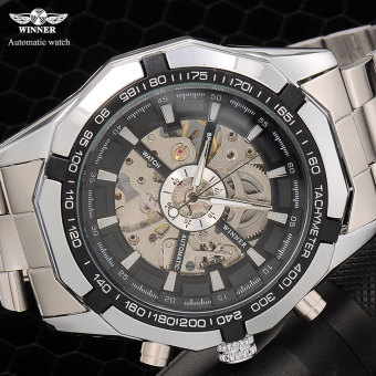Sport men's Automatic Skeleton Mechanical Military fashion casual Watch Men Silver full Steel Band  