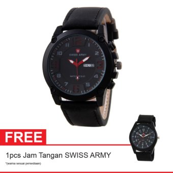 Swiss Army BOGOF Jam Tangan Pria - Kulit - Hitam - SA 7169C Black Red + Gratis Jam Tangan Swiss Army  