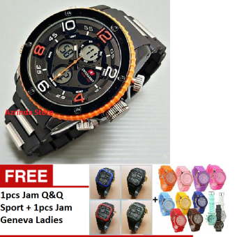 Swiss Army Dual Time - Jam Tangan Pria - Stainless Steel - SA 1617 BO + Free Jam Q&Q Sport & Geneva  