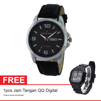 Swiss Army Elegant Jam Tangan Pria - Kulit - Hitam - SA 2029M FB + Gratis Jam Tangan QQ Digital  