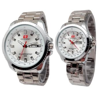 Swiss Army - Jam Tangan Couple - Fitur Tanggal Hari - Stainless Steel - SA 4366 SW Putih + Bonus Baterai  