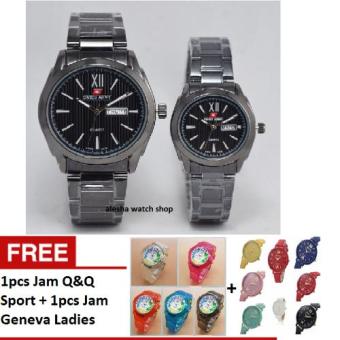 Swiss Army - Jam Tangan Couple - Stainless Steel - SA 1610 Black Couple + Bonus Jam Tangan Geneva & Jam Q&Q Sport  