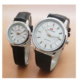 Swiss Army - Jam Tangan Couple - Strap Kulit HITAM- Dial Putih SA 2208 B  