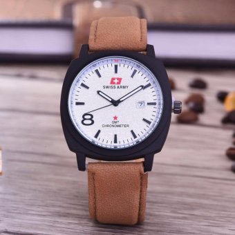 Swiss Army Jam Tangan Pria - Body Black – White Dial – Coklat Muda Leather - SA-3595B-BW-TGL- Kulit Coklat-CL  