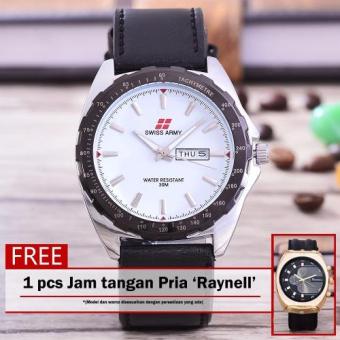 Swiss Army - Jam Tangan Pria – Body Silver – White Dial – Black Leather Strap - SA- 5579-SW-T/H-Putih -Kulit Hitam + Free Jam tangan Raynell  