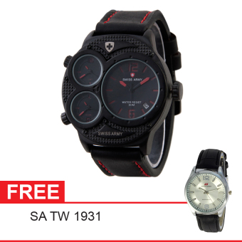 Swiss Army Triple Time Series - Hitam - Kulit - SA 1060M BL RD + Gratis Swiss Army SA TW 1931  