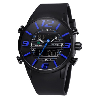 Top Brand WEIDE WH-3402 Men' Luxury PU Rubber Strap LCD Back Light Military Army Diver Sport Wristwatch - Black + Blue - intl  