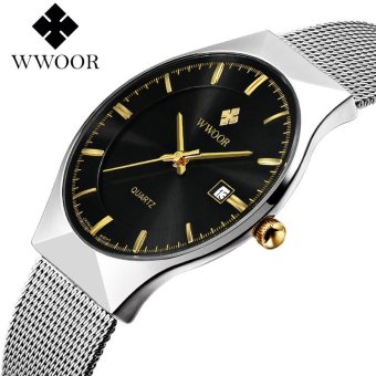 Top Luxury Brand WWOOR Watch Men Brand Men's Watches Ultra Thin Stainless Steel Mesh Band Quartz Wristwatch Fashion Casual Watches 8016 (Silver Black) - intl  