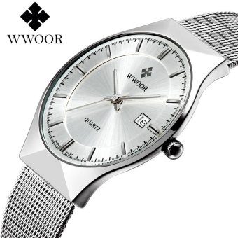 Top Luxury Brand WWOOR Watch Men Brand Men's Watches Ultra Thin Stainless Steel Mesh Band Quartz Wristwatch Fashion Casual Watches 8016 (Silver) - intl  