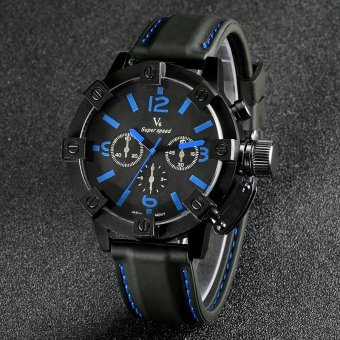 V6 Casual Quartz Watch Black Dial Design Leather Band Wristwatch Blue  