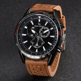 V6 Casual Quartz Watch Black Dial Design Leather Band Wristwatch Khaki  