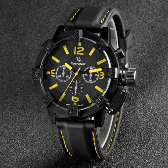 V6 Casual Quartz Watch Black Dial Design Leather Band Wristwatch Yellow  