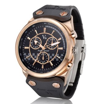 V6 Casual Quartz Watch Black Dial Design Silicone Band Wristwatch Gold Case  