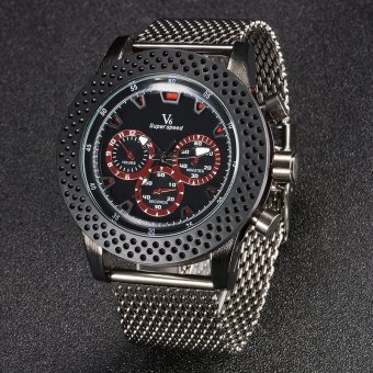 V6 Casual Quartz Watch Black Dial Design Steel Band Wristwatch Brown  