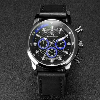V6 F1 Racing Style Casual Quartz Watch Black PU Leather Band Blue  