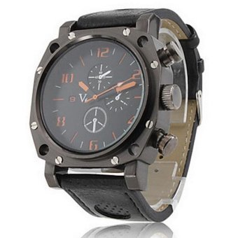 V6 Military Design Casual Watch Black Case PU Leather Band  