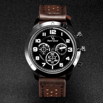 V6 Military Style Casual Quartz Watch PU Leather Band Brown  