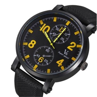 V6 Racing Design Casual Watch Black Silicone Band Yellow  