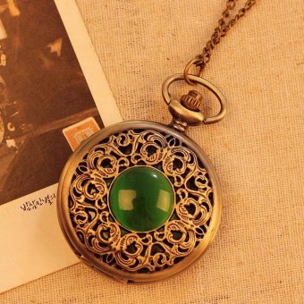 voovrof New Bronze Vintage Pocket Watch Women Necklace Quartz With Long Chain Hollow Big Green Stone Best Gift (bronze) - intl  