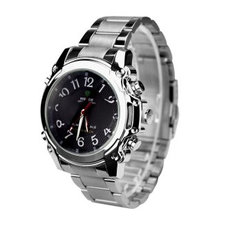 Weide Fashion Black Dual Time Display Dial LED Quartz Silver Color Stainless Steel Wrist Watch WEI-090  