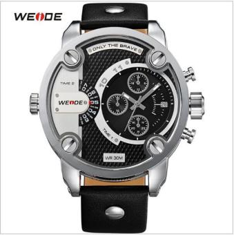 WEIDE Men's Sports Genuine Leather Strap Waterproof Oversize Quartz Wristwatch - Silver Shell Black Surface - intl  