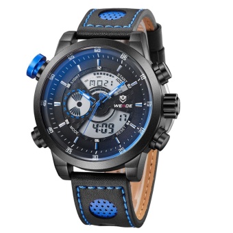 WEIDE WH-3401 Men' Luxury Brand Leather Strap Quartz Digital LCD Back Light Military Sport Wristwatch - Black + Blue - intl  