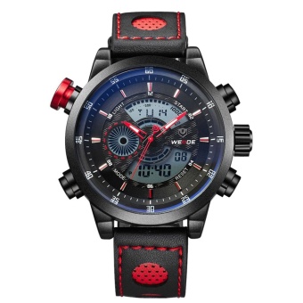 WEIDE WH-3401 Men' Luxury Brand Leather Strap Quartz Digital LCD Back Light Military Sport Wristwatch - Black + Red - intl  