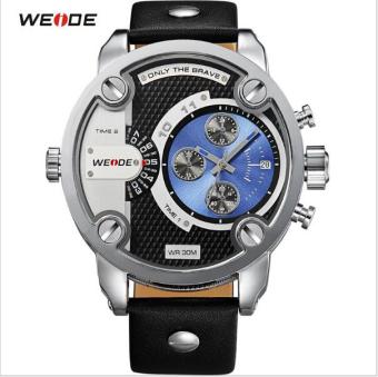 WEIDE WH3301 Men's Sports Genuine Leather Strap Waterproof Oversize Quartz Wristwatch - Silver Shell Blue Surface - intl  