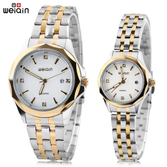 WEIQIN W00106 Couple Quartz Watch Artificial Diamond Dial Stereo Glass Mirror Calendar Wristwatch  