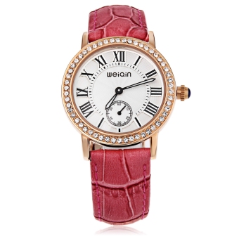 WeiQin W4812E Female Quartz Watch Artificial Diamond Dial Genuine Leather Strap Water Resistance Wristwatch (Red)  