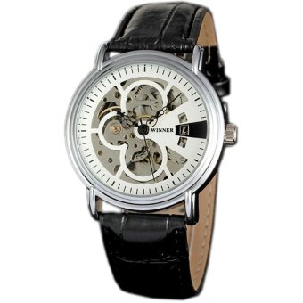 WINNER Black Leather Strap Automatic Mechanical Mens Skeleton Watch White Dial WW072  