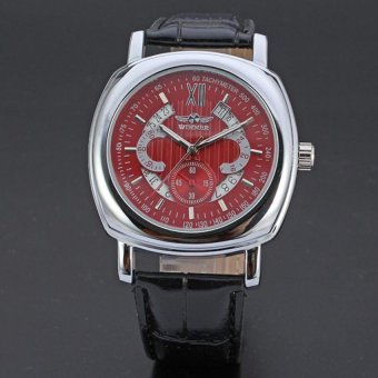 WINNER Calendar Automatic Mechanical Men Leather Strap Sport Watch Red Dial WW095  