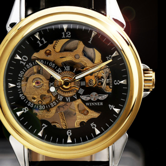 Winner Design Classic Luxury Mens Transparent Black Gold Skeleton Mechanical Watch  