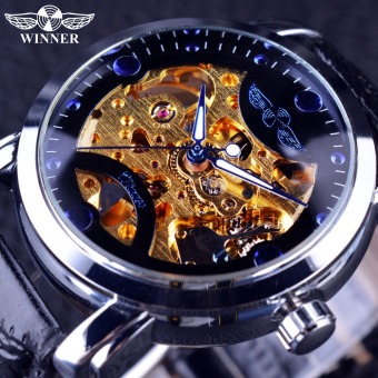 Winner Golden Movement Blue Ocean Design Transparent Mens Wrist Watch Skeleton Automatic Watch  