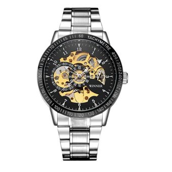 WINNER Mechanical Watches Mens Skeleton Stainless Steel Automatic Watch Self-winding Wristwatches Relogio Masculino (Black Silvery) - intl  