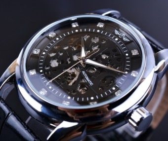 Winner Men Skeleton Automatic Silver Case Business Leather Strap Watch Royal Diamond Design Wrist Watch - Intl  