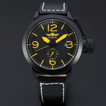 WINNER Men's Automatic Mechanical Mens Sport Watch Black Leather Yellow Numbers WW157  