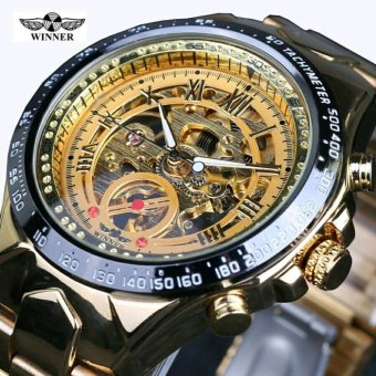 Winner Men's Watch Skeleton Automatic Stainless Seel Bracelet Analog Display Brand Business Wrist Watch (Gold) - intl  