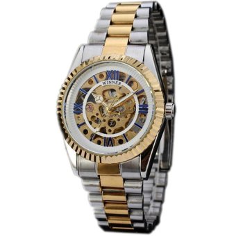 WINNER Skeleton Automatic Mechanical Golden And Silver Stainless Steel Mens Watch WW084  