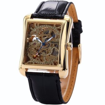 Winner Square Skeleton Design Auto Mechanical Watch Leather Strap Gold  